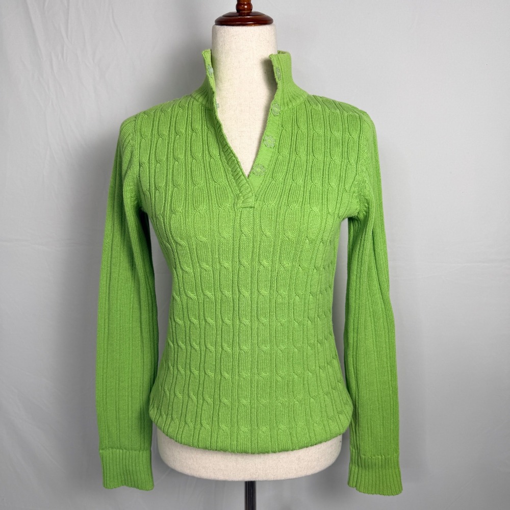 Liz & Co Womens Lime Green Cable Knit Cotton Mock Neck Button Sweater Small